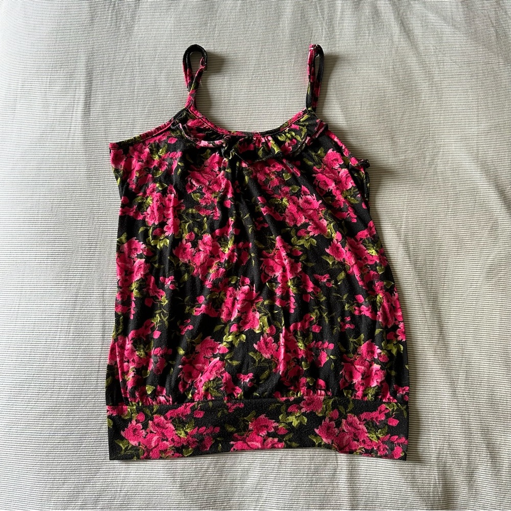 Pink & black floral strapped top, ruffled neck